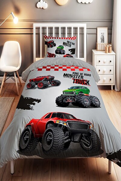 EVPANYA Kırmızı Monster Truck Desenli Tek Kişilik Bebek Çocuk Nevresim Seti