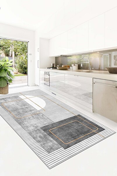 Lavita Home Dijital Baskı Yıkanabilir Kaymaz Gri Salon Halısı Mutfak Halısı Y...