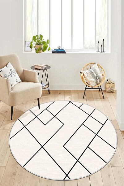 Lavita Home Dijital Baskı Yıkanabilir Kaymaz Bej Yuvarlak Salon Halısı Mutfak...
