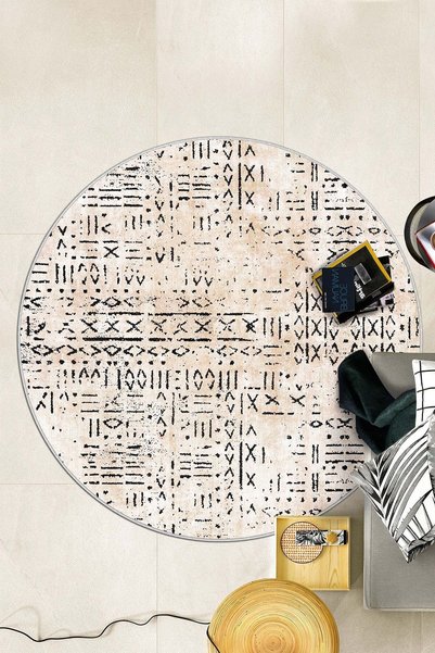Lavita Home Dijital Baskı Yıkanabilir Kaymaz Bej Yuvarlak Salon Halısı Mutfak...