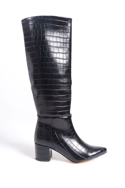 DS AYAKKABI Жіночі чорні крокодилові черевики без застібки, довжиною до коліна, на підборах