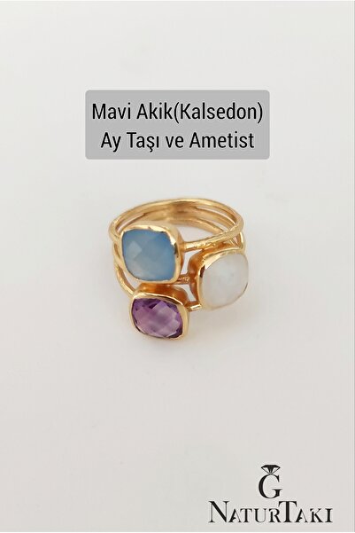 Naturtakı Ay Taşı Ametist Mavi Akik Kalsedon Doğaltaşlı Tasarım Altın Kaplama...