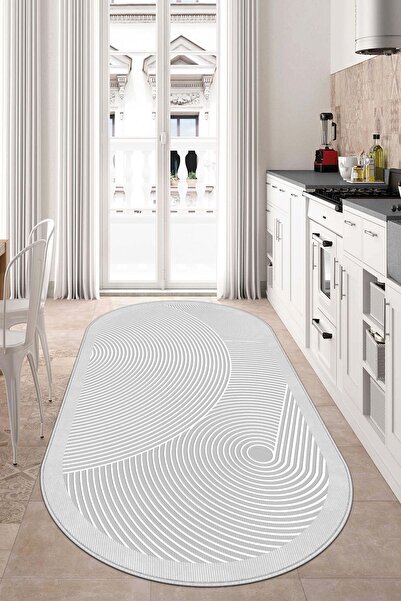 Lavita Home Dijital Baskı Yıkanabilir Kaymaz Gri Oval Salon Halısı Mutfak Hal...