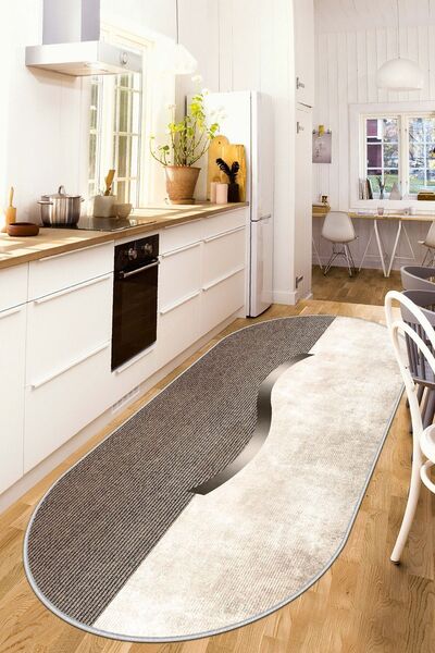 Lavita Home Dijital Baskı Yıkanabili Kaymaz Bej Oval Salon Halısı Mutfak Halı...