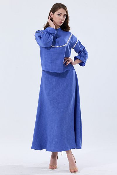 MD trend Linen Set - High Collar, Scallop Detailed Blouse and Flared Skirt