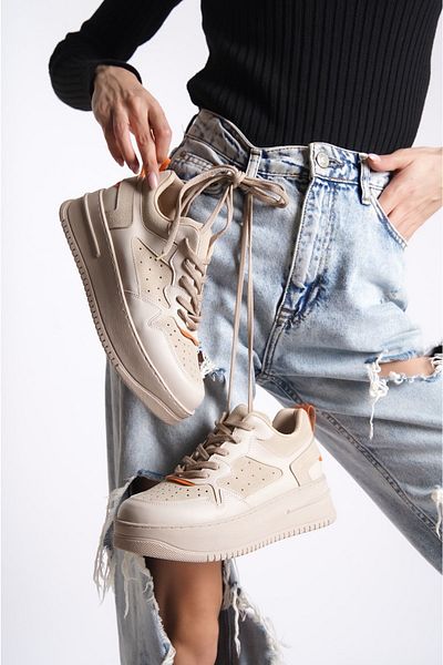 Shoesers Pantofi sport de damă, cu talpă groasă, cu șireturi, de culoare bej