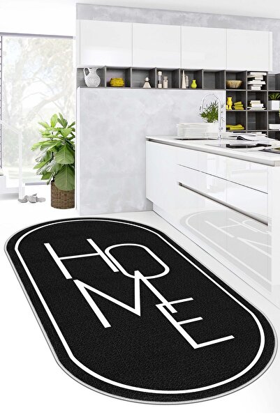 Lavita Home Dijital Baskı Yıkanabili Kaymaz Siyah Oval Salon Halısı Mutfak Ha...