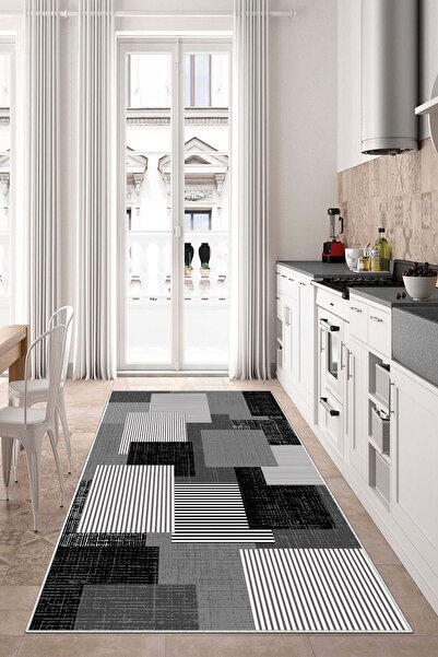 Lavita Home Dijital Baskı Yıkanabilir Kaymaz Siyah Salon Halısı Mutfak Halısı...