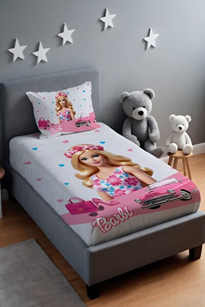 EVPANYA Pembe Arabalı Barbi Desenli Yatak Örtüsü ve Yastık Kılıfı