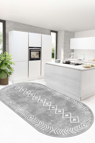 Lavita Home Dijital Baskı Yıkanabili Kaymaz Gri Oval Salon Halısı Mutfak Halı...