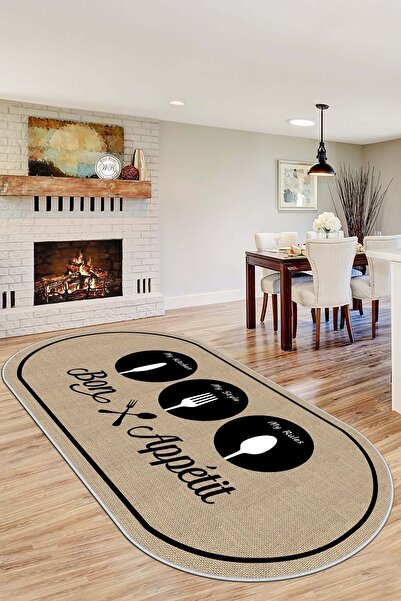 Lavita Home Makinede yıkanabilir kaymaz taban leke tutmaz bej oval mutfak hal...