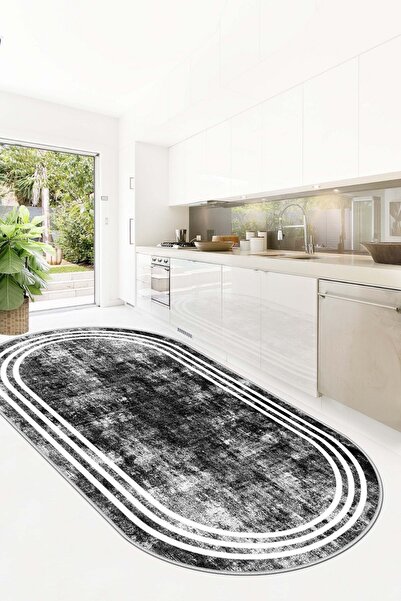 Lavita Home Dijital Baskı Yıkanabili Kaymaz Siyah Oval Salon Halısı Mutfak Ha...