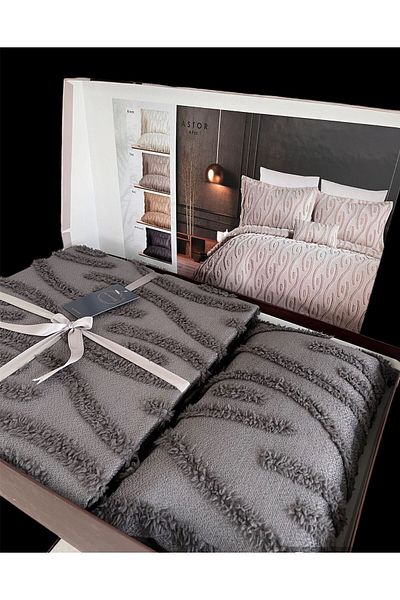 Butikhome by Egemar Astor Anthracite Gray Tassel Patterned Bedspread Set - Chenille Embossed, Simple and Modern 4Pc