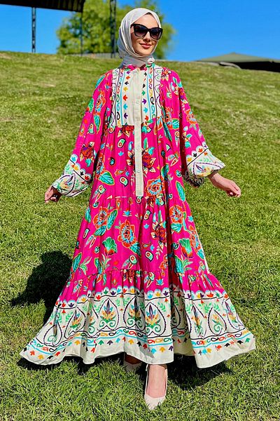julude Fuchsia Viscose Hijab Dress - Buttoned and Patterned