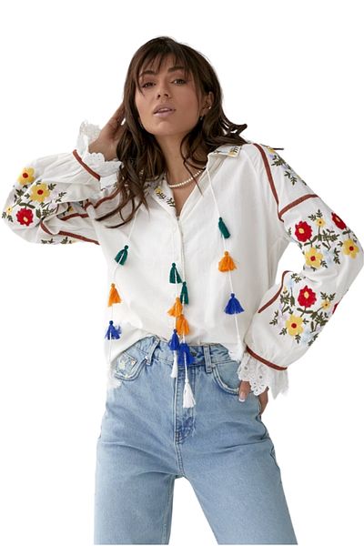 Cassime Vintage Λευκή Βαμβακερή Μπλούζα - Γυναικεία, Floral Ethnic Κεντημένη