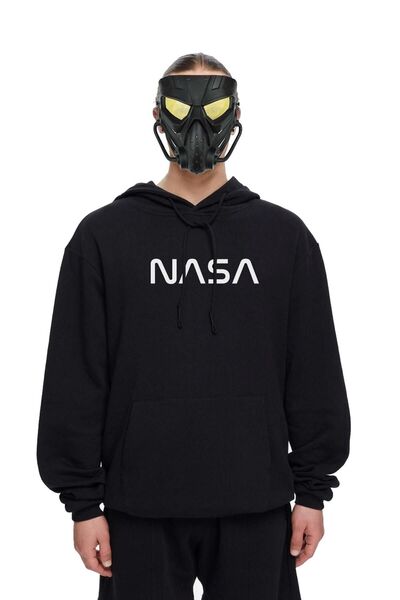 Seam Textile Hanorac oversize unisex cu glugă, negru, imprimat NASA
