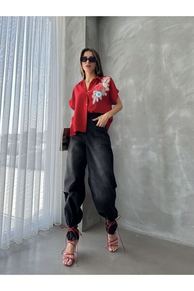 TOPSHOW Kadın Çiçek Detaylı Pul İşlemeli Keten Gömlek