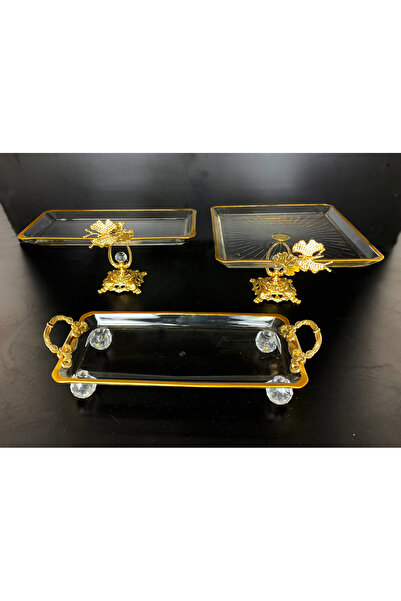 Elta Collection 3 PARCA  GOLD YALDIZLI KRİSTAL AYAKLI SUNUMLUK
