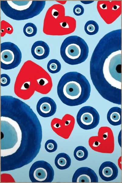 Rugs Modern Halı Light Blue Themed Evil Eye Bead and Heart Patterned Modern D...