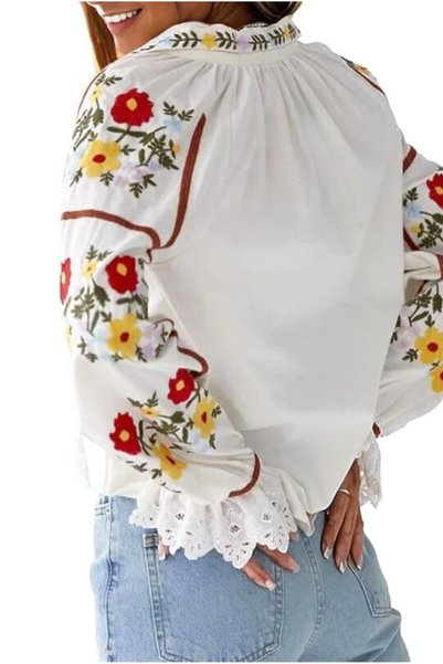 Cassime Women's Floral Ethnic Embroidered Vintage White Cotton Blouse
