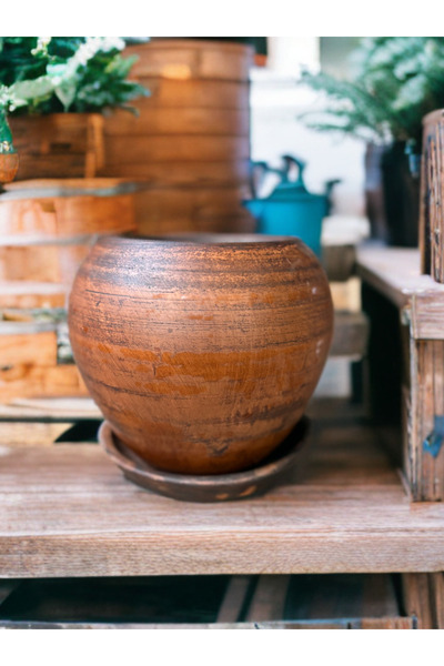 egesaksı Antik ahşap top model orta boy kil saksı