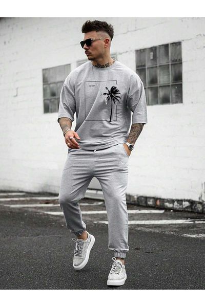 Moda Glo Gray Oversize Palm Printed Men's T-Shirt - Short Sleeve