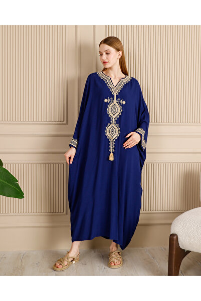 BeyzaBayram Women's Navy Blue Front Embroidered Large Size Oversize Loose Lon...