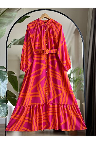 SULTAN BUTİK فستان كامل الطول بحزام فيسكوز - بأزرار