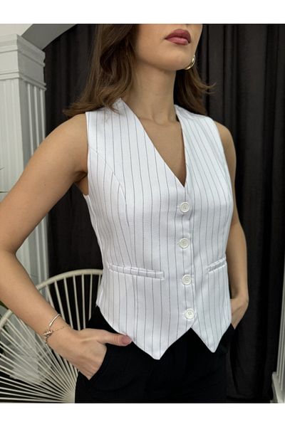 Elif Özbey Butik Vest - White Striped Design