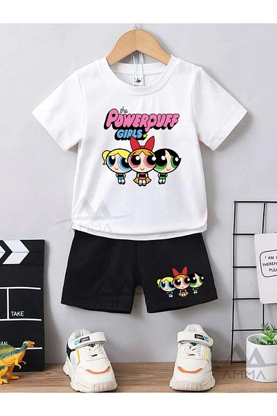 AMMA Powergirls Printed Children's T-Shirt and Shorts Set - White Black 100% Cotton Set of 2
