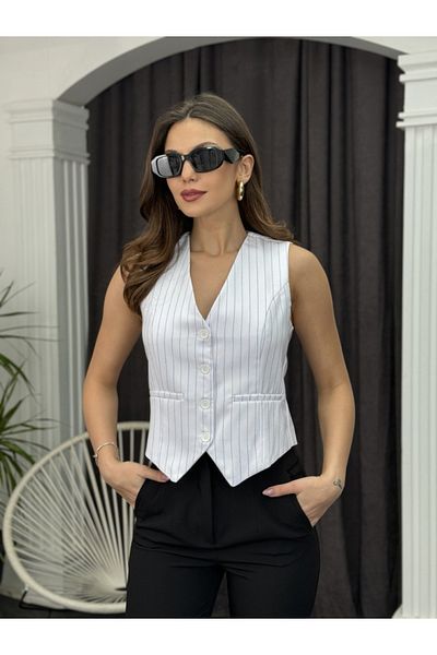 Elif Özbey Butik Vest - White Striped Design