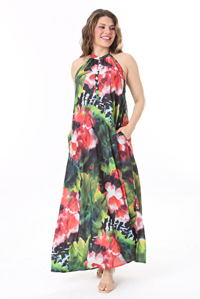 Şans Colorful Halter Neck Plus Size Crepe Chiffon Dress - Buttoned, Unlined 65N37986