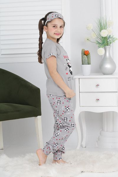 KAPİKİDS Girl's Gray Panda Printed Long Crew Neck Short Sleeve Pajama Set