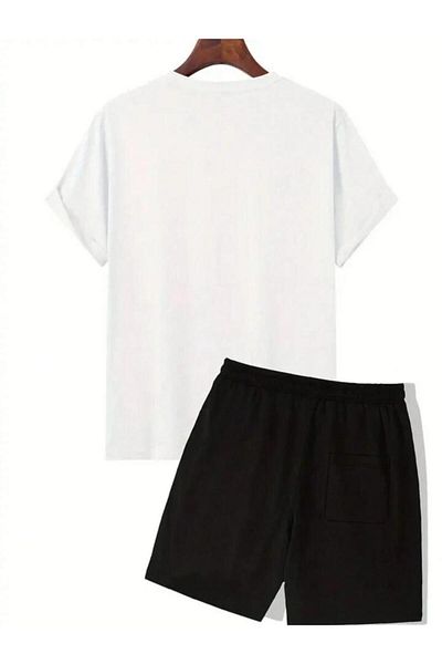 LA VESTİTİ King Printed White T-shirt and Black Shorts - Summer Unisex Set