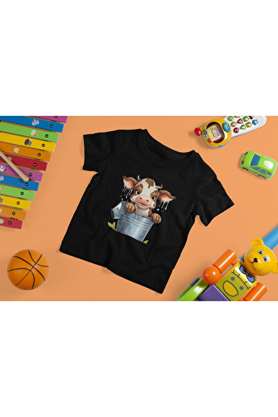 MAGORS Tricou pentru copii Style-X Cow in the Bucket cu guler rotund cu imprimeu