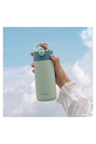 DILLER Lovely Bear Thermo Bottle - Mint Green Silicone, Steel Flask with Strap Strainer, 420ml Pastel