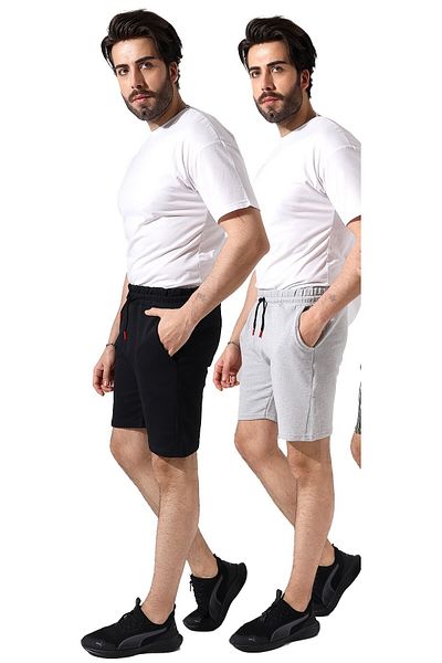 tynemode Μαύρο Γκρι Slim Fit Ανδρικό καλοκαιρινό σορτς - ίσιο βαμβακερό