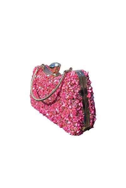 Busrabags حقيبة سهرة نسائية ذات وجهين باللون الوردي مع أحجار طبيعية