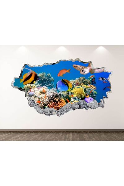Kt Grup Büyük Akvaryum Balıklar ve Deniz Canlıları Full Hd Baskı 3d Duvar Sti...