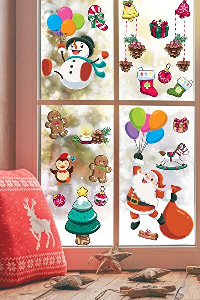 Kt Grup Санта Клаус на повітряній кулі та сніговик Новорічні прикраси Наклейки на вікна та стіни