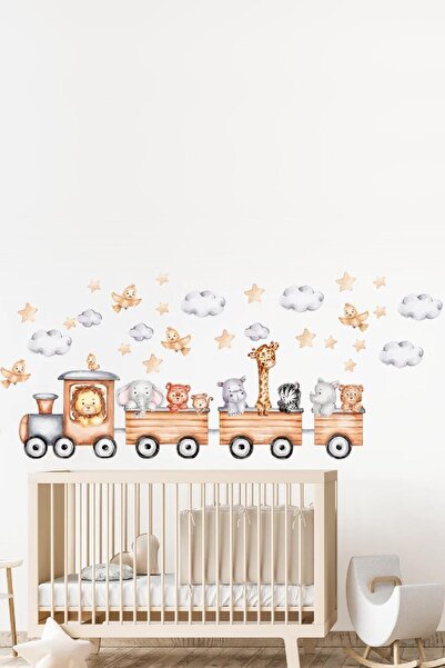 Kt Grup Hayvanların Tren Yolculuğu Bulutlar Yıldızlar Ve Kuşlar Pastel Renk Ç...