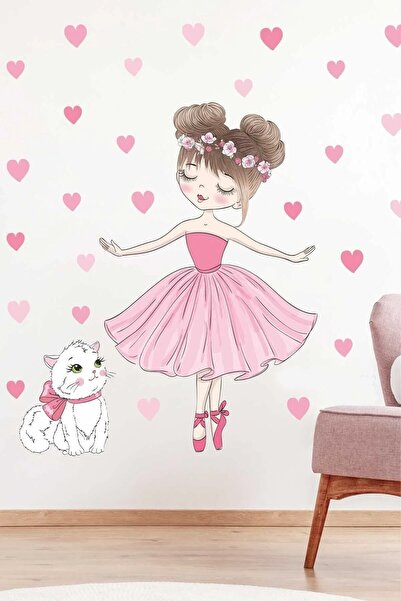 Kt Grup Kız Çocuk Odası Balerin Kedi Ve Kalpler Çocuk Odası Duvar Sticker Seti