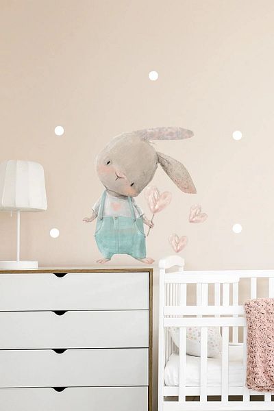 Sim Tasarım Cute Heart Wall Sticker Set with Rabbit Blue Jumpsuit