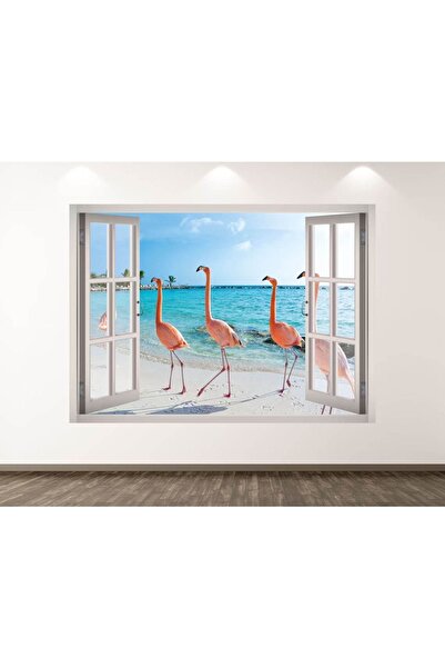 Kt Grup Flamingo Sahili Full Hd Baskı 3D Pencere Modern Duvar Sticker