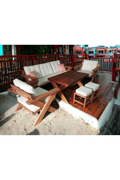 zerkaconcept Berlin Masif Ahşap Bahçe Balkon Koltuk Kestane Ağacı 3+1+1 Koltu...