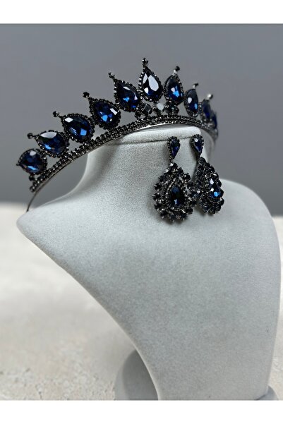 Limelia Set de cercei model Neri bleumarin pentru mireasă și coroană de kına