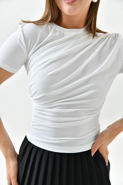 lovebox Γυναικείο Stretch Fabric Gather Σχεδιασμένο με κοντό μανίκι Basic λευκή μπλούζα 12244