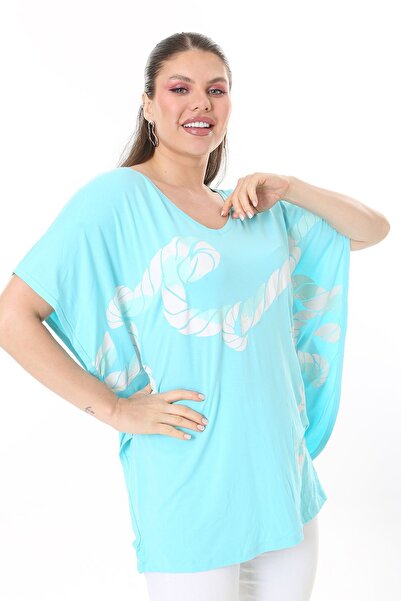 Şans Women's Large Size Blue Front Printed Low Sleeve Tunic 65N36736