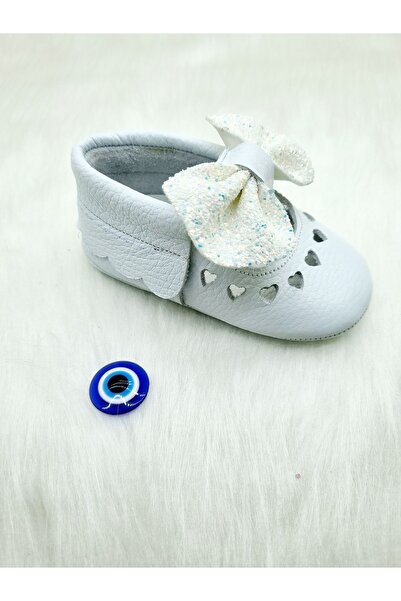 Tiny White Glitter Genuine Leather Booties - Clothing with Bow, Hidden Elastics, Easy and Comfortable Moccasin