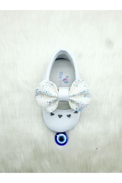 Tiny White Glitter Genuine Leather Booties - Clothing with Bow, Hidden Elastics, Easy and Comfortable Moccasin